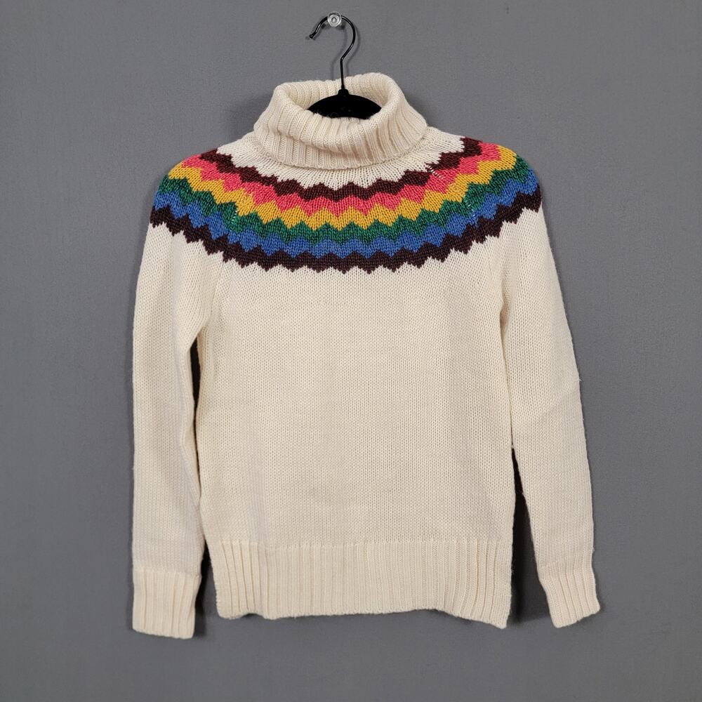 Vintage Rainbow Fair Isle Wool Blend Turtleneck Cottagecore Sweater XS grandma